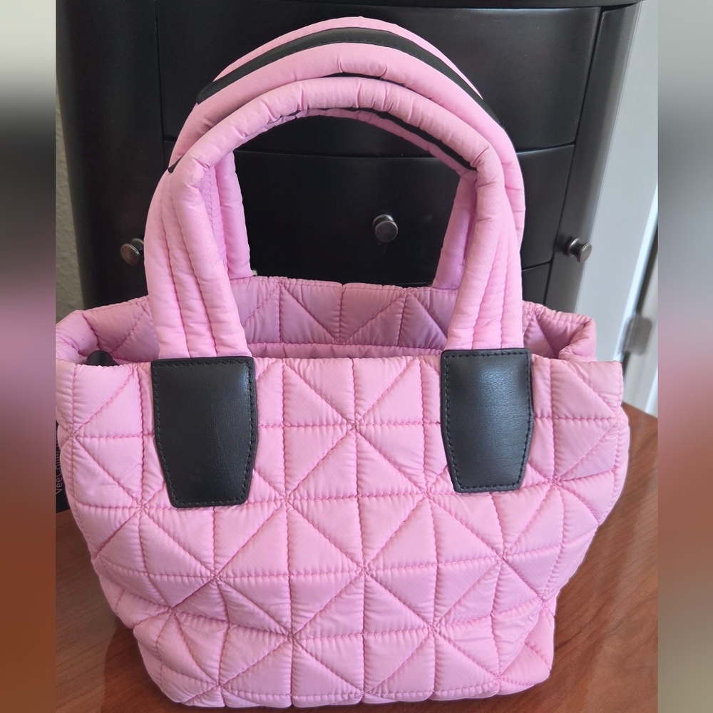 VEE COLLECTIBLES Porter Mini Pink nylon quilted Tote with Black Leather Accents.